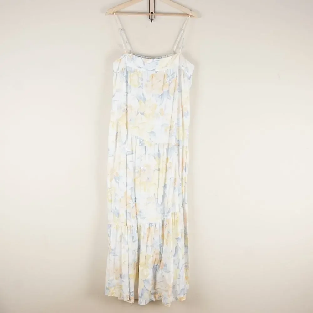 Abercrombie & Fitch Asymmetrical Yellow Blue Floral Linen Tiered Maxi Dress L